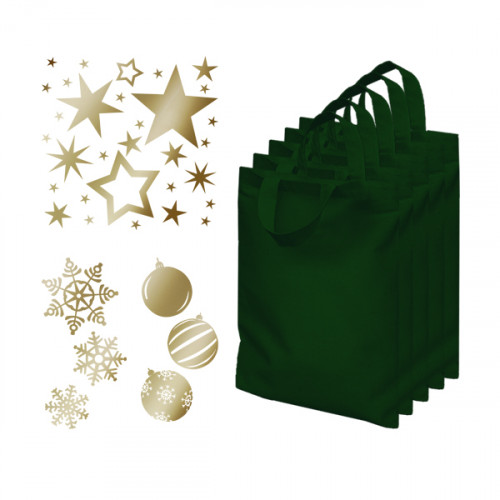 5 Dark Green cotton goody bags and 3 sets of festive iron on shapes in antique gold