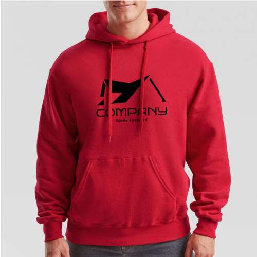 Red hoodie printed with large company logo across the chest