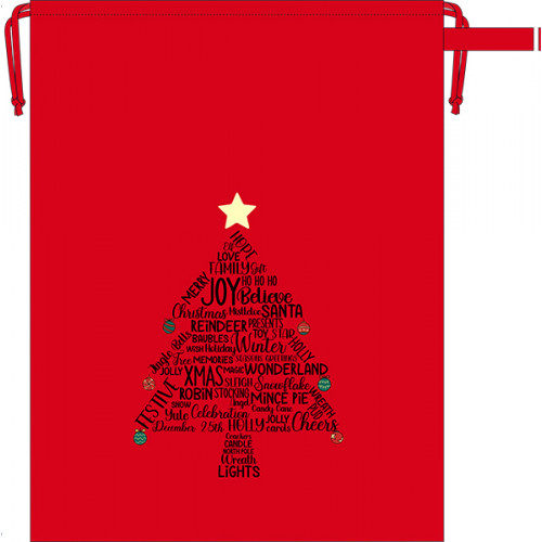 Red cotton sack printed with Christmas tree design. The tree is made up of festive seasonal words & phrases in black, with colourful baubles hanging off the points of the branches and topped 