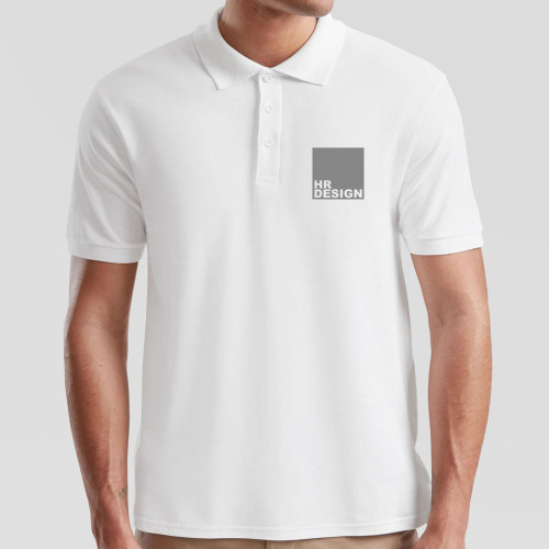 White polo shirt printed with small company logo on left chest