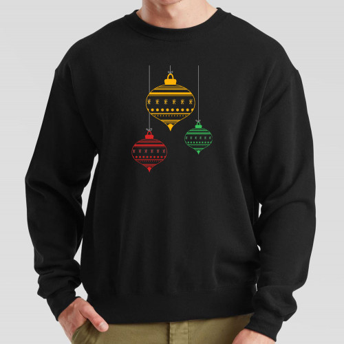 Black Jumper printed with stylish Christmas bauble design in the centre of the chest. Suitable for everyday wear and informal festive gatherings.