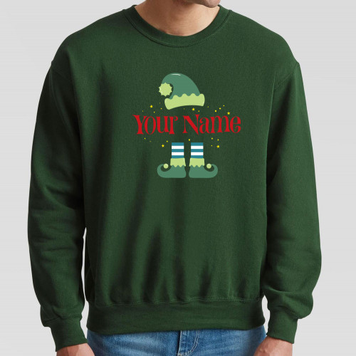 Dark Green Jumper printed in the centre of the chest with a festive Christmas elf design with space for personalisation with your chosen name in Red