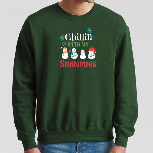 Share your love of wintertime with this fun printed Dark Green Jumper and its design announcing your intention to spend time chillin’ with your snowmies.