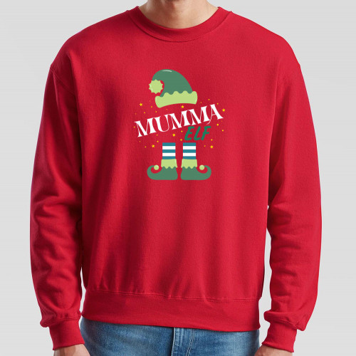 Red Jumper printed with cheerful festive coloured Mumma Elf design in the centre of the chest. Co-ordinates with our Trainee Elf, Pappa Elf, and Personalised Elf designs.