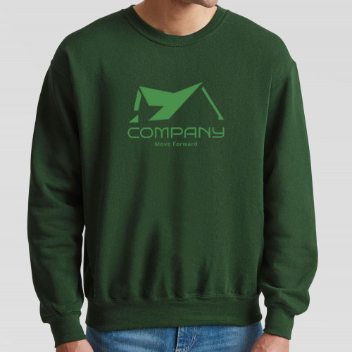 Dark Green sweatshirt printed with large company logo across the chest