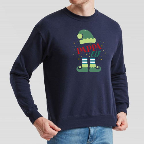 Navy Blue Jumper printed with cheerful festive coloured Pappa Elf design in the centre of the chest. Co-ordinates with our Trainee Elf, Mumma Elf, and Personalised Elf designs.