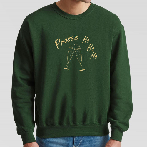 Dark Green Jumper with gold effect print on the chest of two champagne flutes filled with sparkling wine, and the text Prosec-ho-ho-ho.