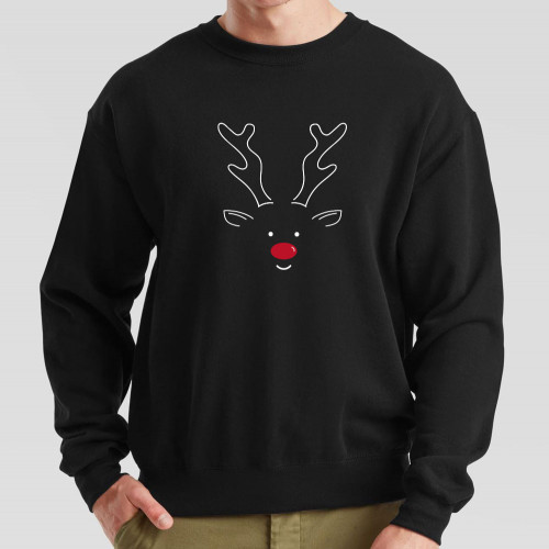 Black Jumper printed with stylised minimalist reindeer design on the front. A great choice for everyday wear during the festive season.