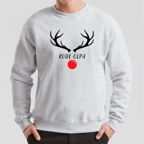 Grey Jumper printed with a cheeky festive pun-based reindeer design playing on the name Rudolph. Sure to raise a smile, this Jumper makes a great gift for friends and family.