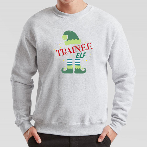 Grey Jumper printed with cheerful festive coloured Trainee Elf design in the centre of the chest. Suitable for trainee elves of all ages.