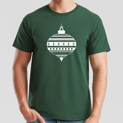 Dark Green T-Shirt printed with Christmas bauble design in centre of the chest. An elegant & minimal design that radiates festive spirit without over-indulging in silliness or hype.