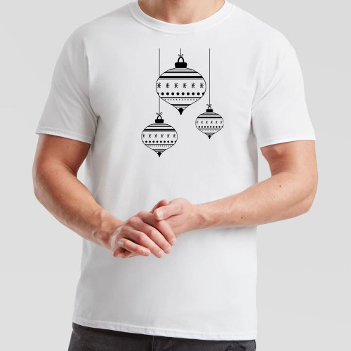 White T-Shirt printed with stylish Christmas bauble design in the centre of the chest. Suitable for everyday wear and informal festive gatherings.