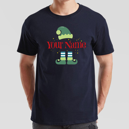 Navy Blue T-Shirt printed in the centre of the chest with a festive Christmas elf design with space for personalisation with your chosen name in Red