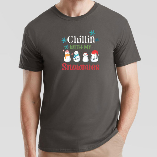 Share your love of wintertime with this fun printed Dark Grey T-Shirt and its design announcing your intention to spend time chillin’ with your snowmies.