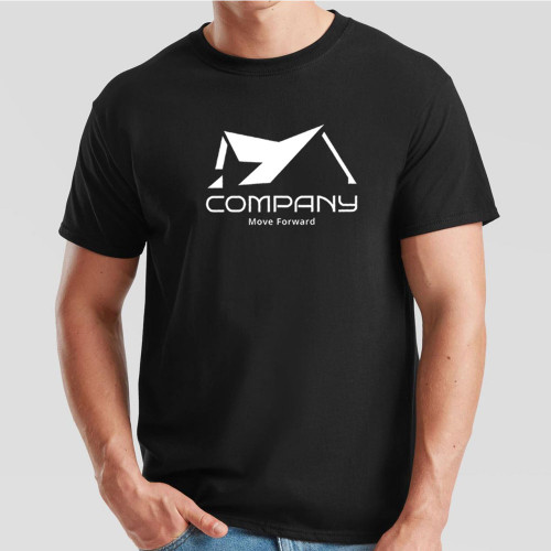 Black t-shirt printed with large company logo across the chest