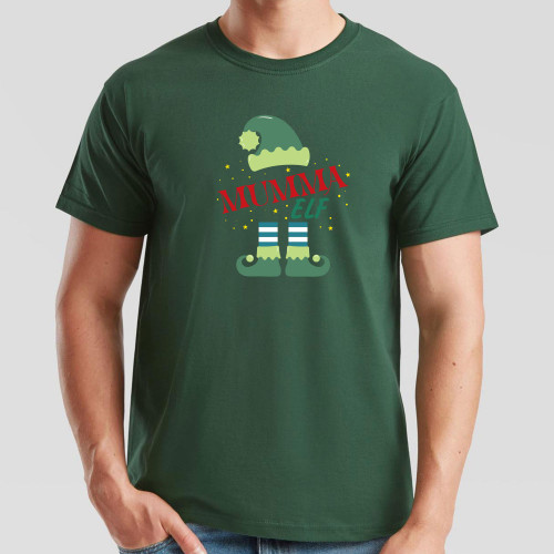 Dark Green T-Shirt printed with cheerful festive coloured Mumma Elf design in the centre of the chest. Co-ordinates with our Trainee Elf, Pappa Elf, and Personalised Elf designs.