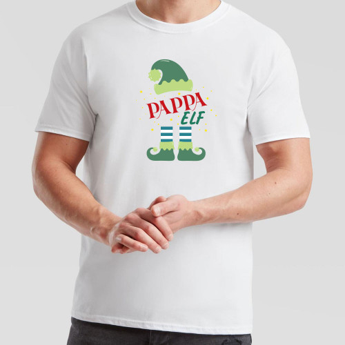 White T-Shirt printed with cheerful festive coloured Pappa Elf design in the centre of the chest. Co-ordinates with our Trainee Elf, Mumma Elf, and Personalised Elf designs.