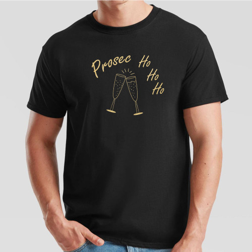 Black T-Shirt with gold effect print on the chest of two champagne flutes filled with sparkling wine, and the text Prosec-ho-ho-ho.