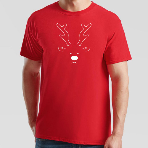 Red T-Shirt printed with stylised minimalist reindeer design on the front. A great choice for everyday wear during the festive season.