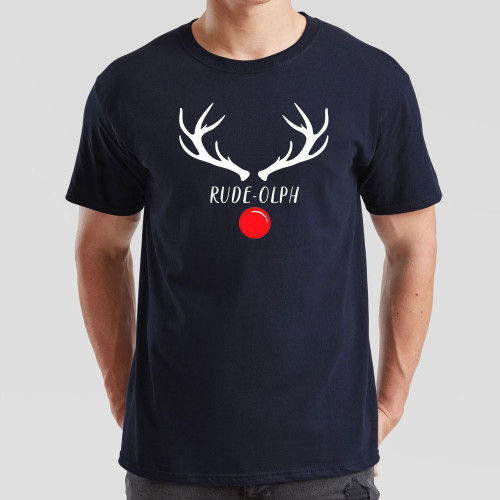 Navy Blue T-Shirt printed with a cheeky festive pun-based reindeer design playing on the name Rudolph. Sure to raise a smile, this T-Shirt makes a great gift for friends and family.