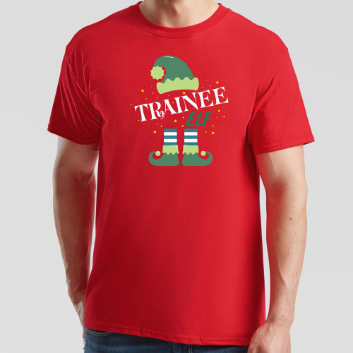 Red T-Shirt printed with cheerful festive coloured Trainee Elf design in the centre of the chest. Suitable for trainee elves of all ages.