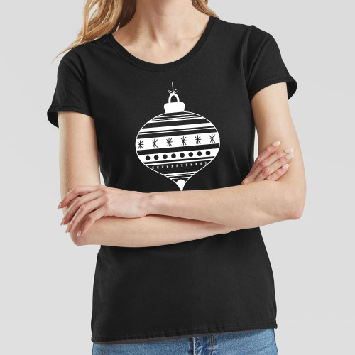 Black Ladies T-Shirt printed with Christmas bauble design in centre of the chest. An elegant & minimal design that radiates festive spirit without over-indulging in silliness or hype.