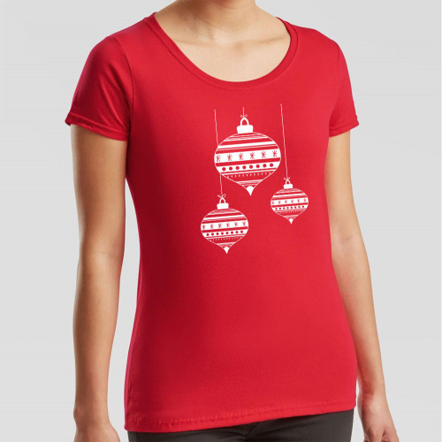 Red Ladies T-Shirt printed with stylish Christmas bauble design in the centre of the chest. Suitable for everyday wear and informal festive gatherings.