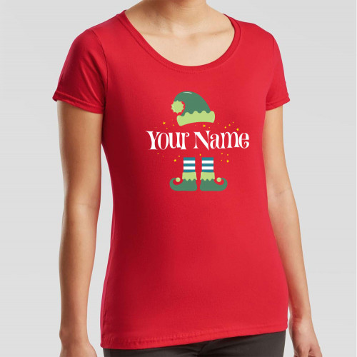 Red Ladies T-Shirt printed in the centre of the chest with a festive Christmas elf design with space for personalisation with your chosen name in White