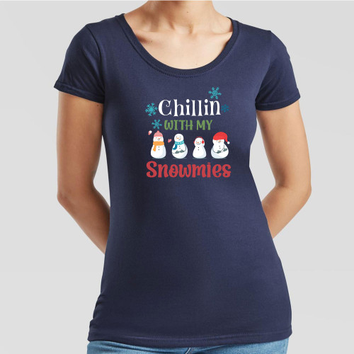 Share your love of wintertime with this fun printed Navy Blue Ladies T-Shirt and its design announcing your intention to spend time chillin’ with your snowmies.