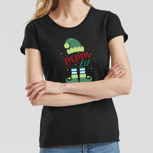 Black Ladies T-Shirt printed with cheerful festive coloured Pappa Elf design in the centre of the chest. Co-ordinates with our Trainee Elf, Mumma Elf, and Personalised Elf designs.