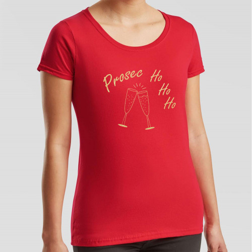 Red Ladies T-Shirt with gold effect print on the chest of two champagne flutes filled with sparkling wine, and the text Prosec-ho-ho-ho.