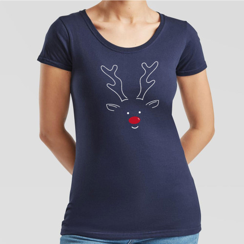 Navy Blue Ladies T-Shirt printed with stylised minimalist reindeer design on the front. A great choice for everyday wear during the festive season.