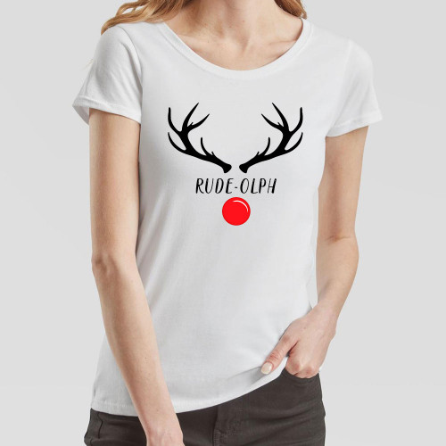 White Ladies T-Shirt printed with a cheeky festive pun-based reindeer design playing on the name Rudolph. Sure to raise a smile, this T-Shirt makes a great gift for friends and family.