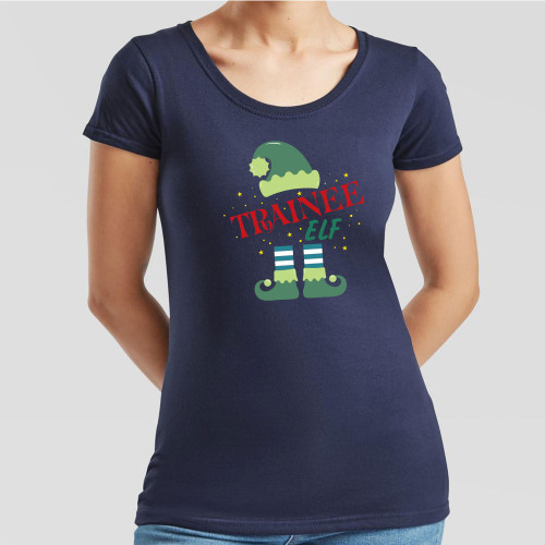 Navy Blue Ladies T-Shirt printed with cheerful festive coloured Trainee Elf design in the centre of the chest. Suitable for trainee elves of all ages.