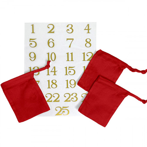 Red Cotton Drawstring Bags 10x13cm + Gold Numbers 1 to 25