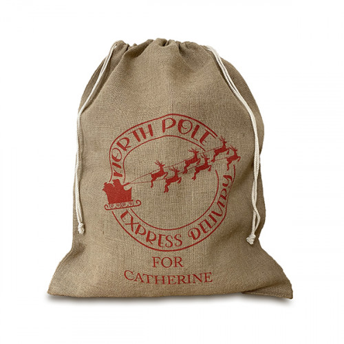 Large Jute Hessian Santa Sack, Printed with North Pole Design and Personalised with Name